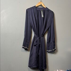 Zara Purple Cupro silky Women's Belted Robe with Embroidered Cuffs M to L
